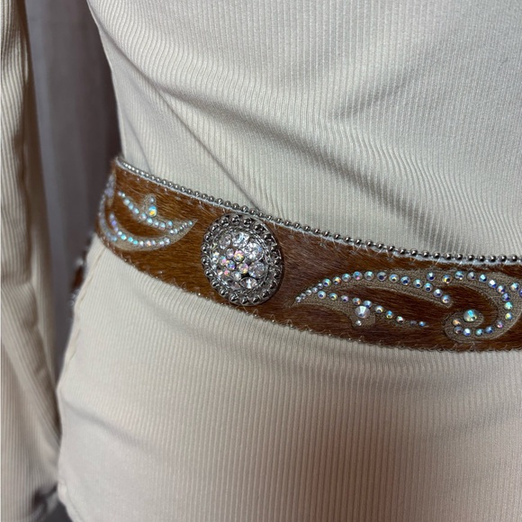 Nocona Genuine Leather Calf Hair on Hide Rhinestone Belt Rodeo Western Bling - Picture 13 of 16